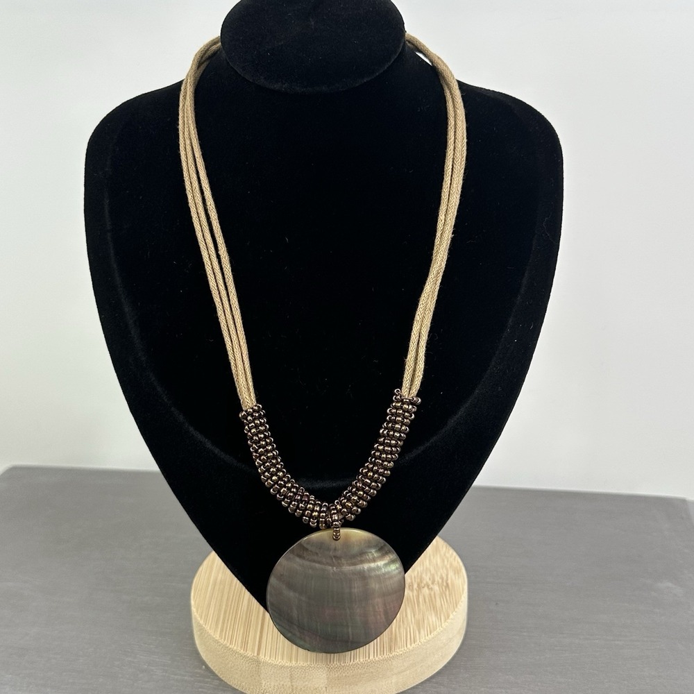 Lia Sophia Multi Strand 16" + Necklace Abalone Shell Pendant Brown Seed Beads‎